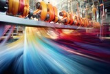 Fototapeta  - a textile factory floor with spinning machines creating threads. Motion blur from long exposure illustrates the seamless weaving process