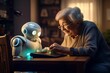 an elderly woman, her wrinkled hands adjusting the settings on a friendly-looking household robot assistant, highlighting the bond and reliance on technology