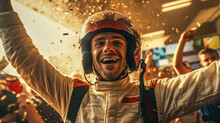 Race Car Driver Celebrating The Win With Champagne Spray, Winner, Champion.