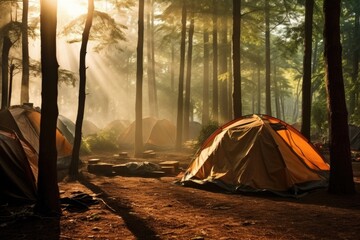 Poster - A group of tents sitting in the middle of a forest. Generative AI.