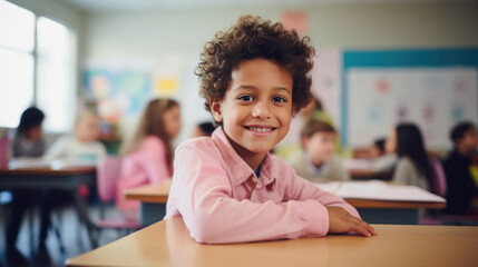 A young child sitting at a desk in a classroom. Generative AI.