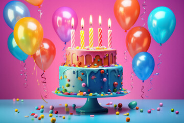 bright birthday cake with candles. Generative Ai