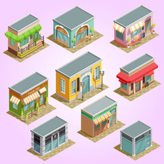 Wall Mural - vector store buildings isometric icons set cons urban transport architecture environment set with isolated images of modern city buildings with different functions vector illustration