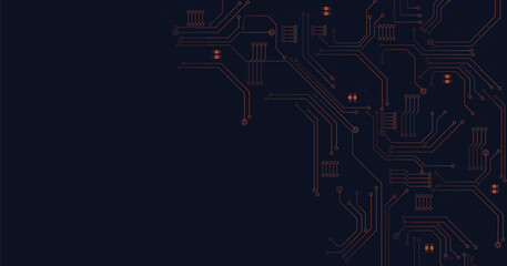 Poster - Orange circuit diagram on dark blue background. digital circuit board technology background for internet connectivity concept.	