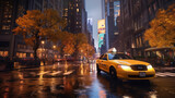 Fototapeta  - A taxi through the city streets on a quiet autumn night