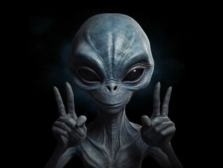 Wall Mural - Alien Showing Peace Sign in Dark Background