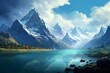 Peaceful mountainscape with a pristine lake and imposing summits. Generative AI