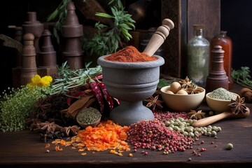 Sticker - mortar and pestle with a variety of colorful spices on a rustic table