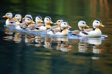 Ducks Swimming Together In A Row In A Pond