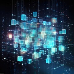 Wall Mural - 3d hi-tech cube. big data cube quantum computer server concept background. light dots with depth of 