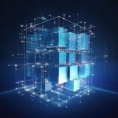 Wall Mural - big data cube made of glowing particles. isometric bright box with reflection. from chaos to order. 