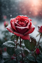 Red Rose With Dew Drops Surrounded By Snow, Frosting Red Rose Blooming When Winter