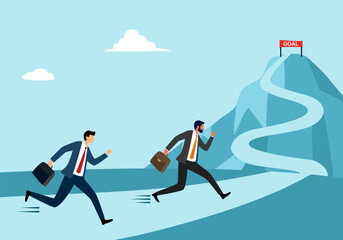 business competition concept. businesspeople climbing mountain to the goal in flat design.