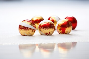 Canvas Print - red and gold christmas baubles placed on white snow