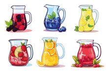 A set of vector glass pitchers filled with refreshing fruit and berry juice isolated on a transparent background