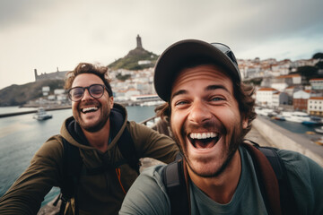 Wall Mural - Two friends photobombing a tourist's selfie at a famous landmark, making funny faces in the background. Concept of playful tourism. Generative Ai.