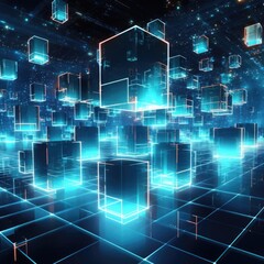 Wall Mural - abstract blue neon background. glowing linear volumetric cube in the middle starry night sky.