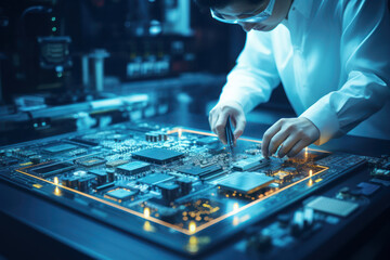 Poster - A technician in a lab coat carefully examining a high-tech circuit board. Concept of technological innovation. Generative Ai.