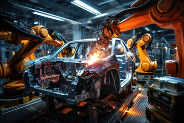 Wall Mural - A bustling automotive assembly line with robots and workers assembling cars with precision. Concept of automotive manufacturing. Generative Ai.