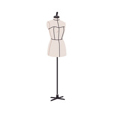 Manikin, Dressmaking Sewing Dummy. Tailors Dress Form. Fabric Mannequin On Stand, Base. Women Figure Manequin, Torso, Body Model. Flat Graphic Vector Illustration Isolated On White Background