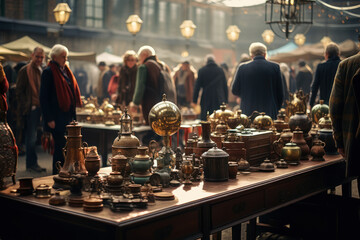 Poster - An antique market bustling with shoppers seeking rare finds. Concept of vintage treasures. Generative Ai.