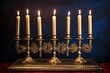 image of five lit hanukkah candles in a brass menorah
