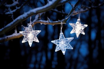 Wall Mural - star-shaped lanterns hanging from frosty tree branches