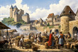Marketplace at a Medieval Castle.  Generative AI.
A digital illustration of a market day at a medieval castle. 