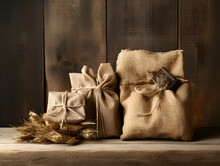Rustic Gifts Wrapped In Burlap And Twine Exuding A Country Charm.