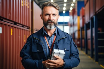 Wall Mural - logistics manager with clipboard while standing next to a storage shelf in a modern warehouse, working in logistics. Distribution center