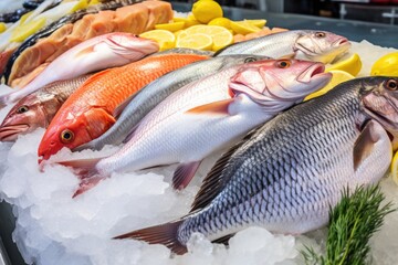 Wall Mural - fresh fish on ice with tags indicating dietary values