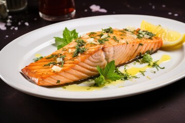 Canvas Print - salmon fillet cooked and served on a plate