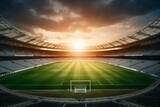 Fototapeta Sport - Empty soccer stadium during sunset with illuminated lights. Generative AI