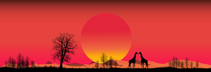 Wall Mural - Amazing sunset and sunrise.Panorama silhouette tree in africa with sunset.Tree silhouetted against a setting sun.Dark tree on open field dramatic sunrise.Safari.