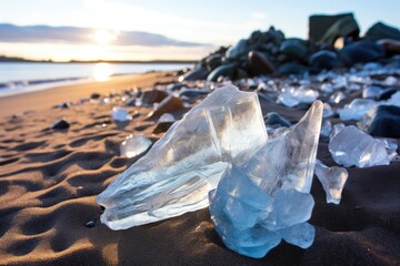 Canvas Print - detail shot of ice shards mixed with sand on the beach