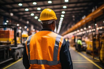 Wall Mural - Worker in vest and helmet Looking At Product In Warehouse