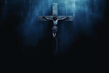 Wood Jesus Cross, Dark Black Blue Horror Night Background, Scary Haunted Thriller Theme, Good Friday, Generative AI