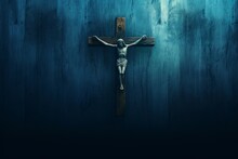 Wood Jesus Cross, Dark Black Blue Horror Night Background, Scary Haunted Thriller Theme, Good Friday, Generative AI