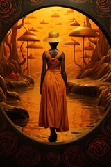 Canvas Print - A woman in an orange dress and a straw hat. AI.