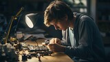 Fototapeta  - Young male technician repairing mobile phone
