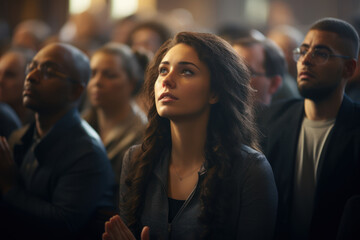 Poster - A congregation of worshipers bowing their heads in prayer during a Sunday morning service. Concept of spiritual devotion. Generative Ai.