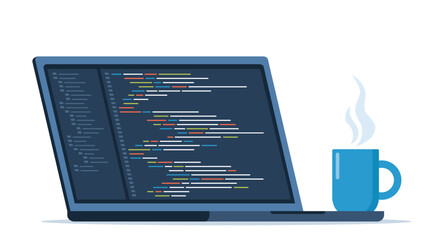 Laptop with cup of coffee. Workplace of coder, online programmer. Coding and programming, developing sites using special language. Vector illustration.