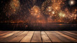 © Alina Nikitaeva - Empty wooden plank table with festive fireworks firecrackers festive day of independence in the sky party holiday celebration.