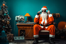 Santa Clause Listen Carefully The Wishes For Christmas Or New Year's Eve Through The Radio Station. Retro Vintage Style Of Message Transmission. Colorful Background.