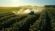 Aerial view of Tractor Spraying Pesticides in soybean field, Tractor sprays soybeans in spring. Generative Ai