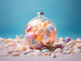 A glass bauble Christmas ornament filled with seashells stands on a sandy beach with shells against the blue sky.