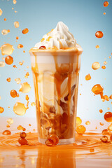 Poster - Iced caramel latte topped with whipped cream and caramel sauce, refreshing and sweet coffee drink