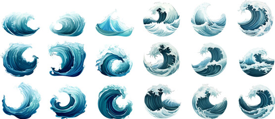 Wall Mural - Set of sea waves on a white background.