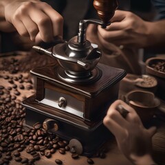 Canvas Print - A close-up of a hand grinding coffee beans with an antique coffee grinder4