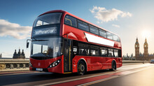 Red Double Decker Bus On The Street In London, UK. Red Double Decker Bus In The City. You Can Use The Empty Billboard Next To The Bus For Your Promotion. Mock Up. AI Generated        